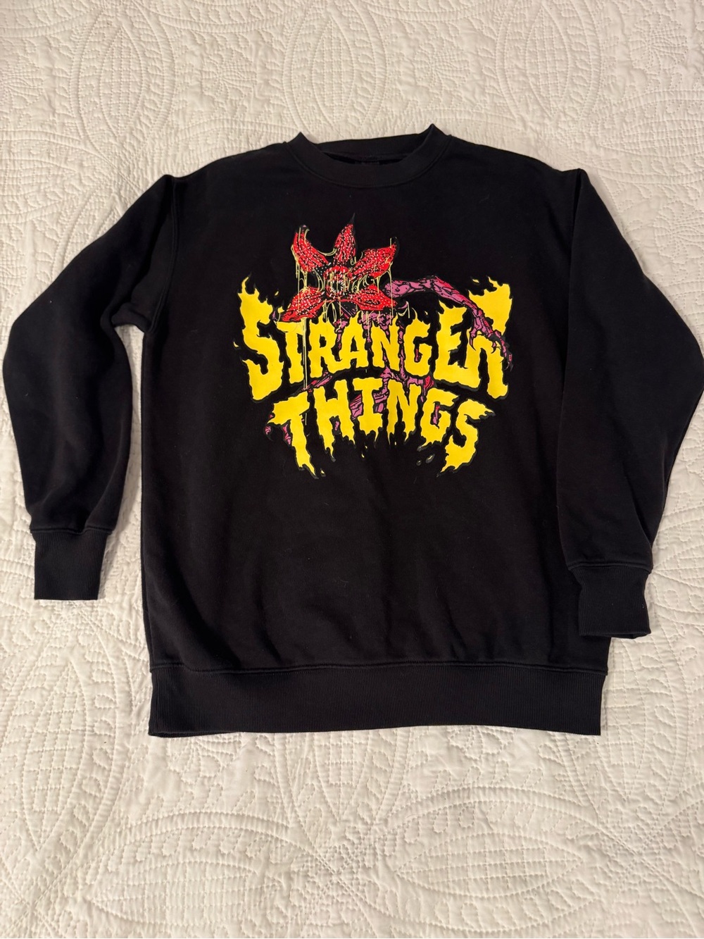 No Boundaries Black Stranger Things Graphic Sweatshirt with Yellow & Red Print